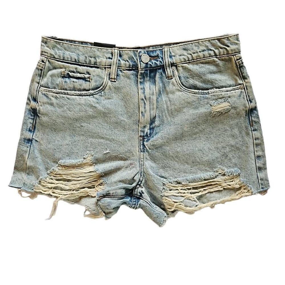 Blank NYC The Barrow Vintage High Rise Short Distressed Denim Acid Trip Blue 30